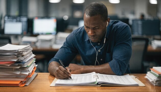 Internal auditor scrutinizing financial records in a quiet office space the central folder sharply in focus against a backdrop of outoffocus monitors and paperwork.
