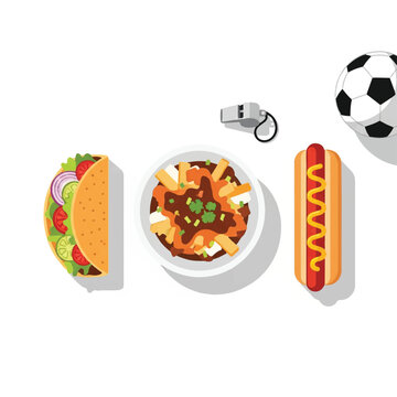 Flat lay vector of a taco, a poutine dish, and a hot dog arranged neatly on a white surface with a whistle and a soccer ball, minimalist food illustration, bright overhead lighting. flat vector