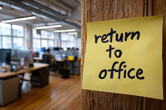 A bright yellow sticky note affixed to a wooden doorpost announces a return to office policy within a modern, open-plan workspace.