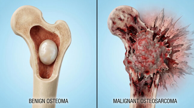 Benign Osteoma vs Malignant Osteosarcoma Bone Cancer 3D Illustration