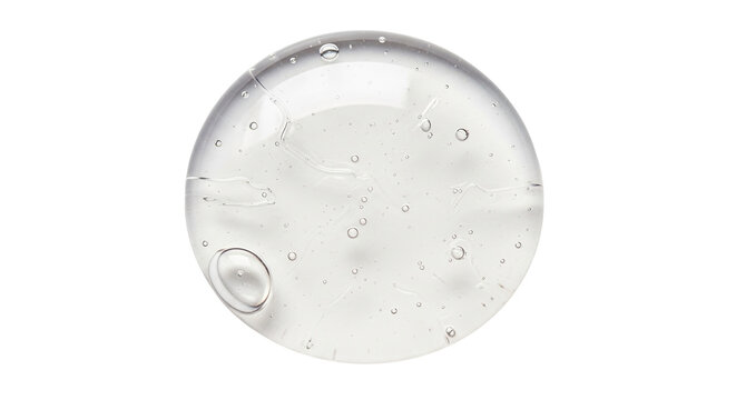Texture swatch of glycerin gel transparent hyaluronic acid serum on white isolated background, macro Detergent, cosmetics, laboratory A round drop