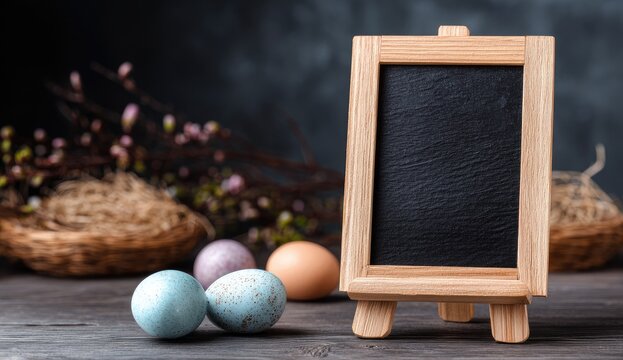 A rustic still life composition featuring colorful speckled eggs, a blank chalkboard easel, and delicate spring blossoms arranged on a weathered wooden surface against a dark background.