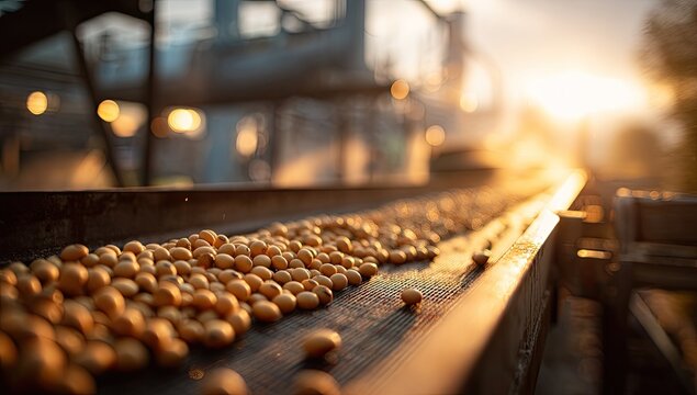 A close-up shot showcases a conveyor belt filled with brown eggs bathed in warm sunlight, highlighting the industrial process of egg production.