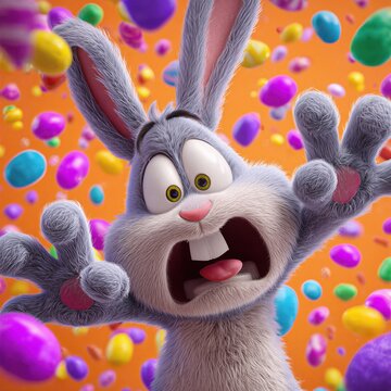 A startled cartoon bunny surrounded by falling candy.