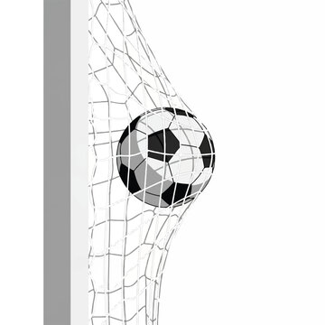 A close-up minimalist vector of a soccer ball hitting the corner of a goal net. The net is represented by a clean white grid pattern. Sharp geometric lines, high contrast, solid block colors.