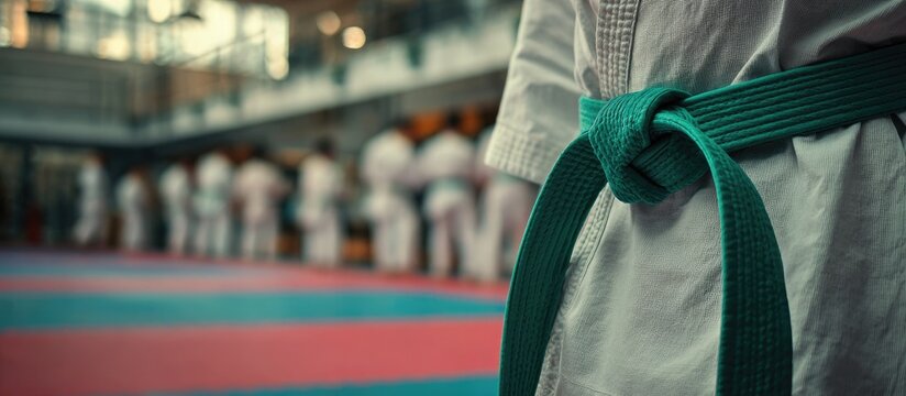 A focused shot captures a martial arts practitioner in a white gi secured with a vibrant green belt, standing on a colorful dojo mat with other students blurred in the background.