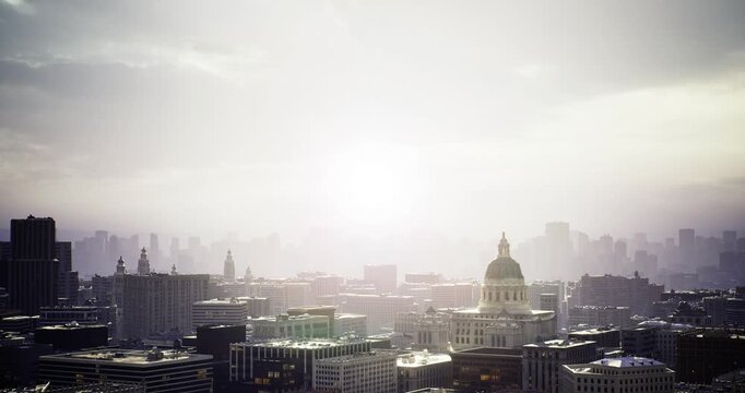 twilight urban skyline with soft industrial tones and domed landmark glowing against cooling sky, conveying reflective transition from workday to evening