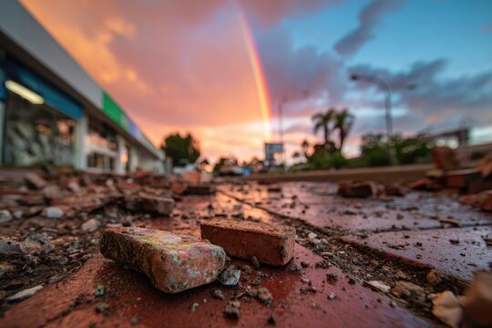 A dramatic low-angle shot captures the aftermath of a storm, with scattered bricks and debris littering a wet pavement under a vibrant sunset sky featuring a prominent rainbow.