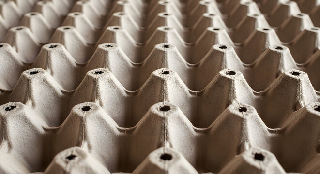 A cardboard egg carton containing multiple rows of egg cups made from brown paper pulp. Close-up details of the brown cardboard.