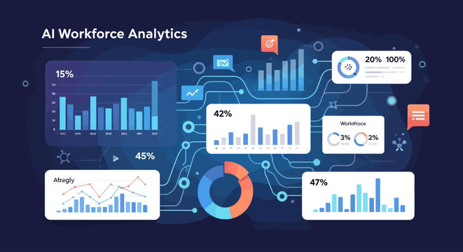 AI-driven workforce analytics dashboard showing various performance metrics and data visualizations.