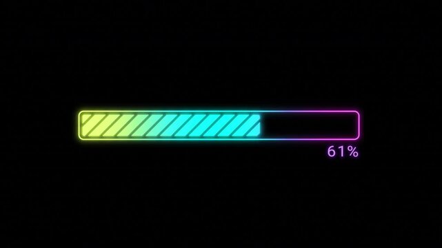 Loading Bar Progress Indicator 100 Percent Complete With Rainbow Gradient Glow And Diagonal Stripes Isolated On Black Background. Tech Computer Interface Element For Download Upload Process Animation