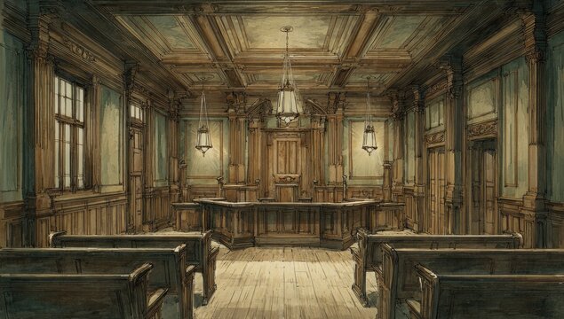 An intricately detailed watercolor illustration depicts a historic courtroom with ornate wooden paneling, tall windows, and rows of benches, evoking a sense of solemnity and legal tradition.