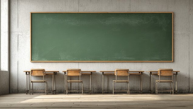 An empty classroom with a large green chalkboard and five wooden desks arranged in a row against a textured concrete wall, bathed in soft light.