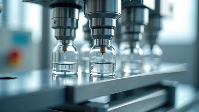 Close up of an automated metallic pharmaceutical machine filling clear glass vials with liquid. Sterile medical manufacturing process on a factory conveyor belt