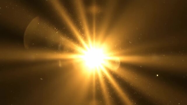 Radiant golden light burst in space with glowing particles. Golden starburst with bright light rays and lens flare effects over a dark background.