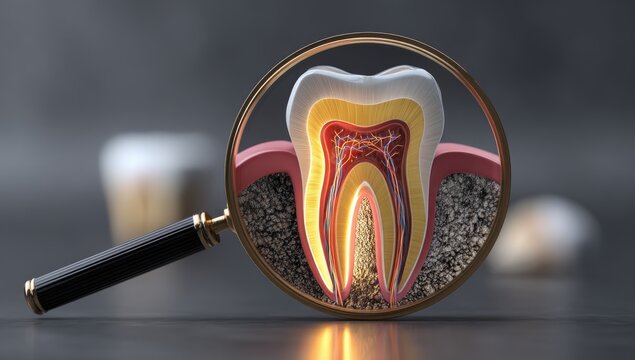 A detailed anatomical illustration of a tooth is magnified under a magnifying glass, highlighting its internal structure and emphasizing the importance of oral health.