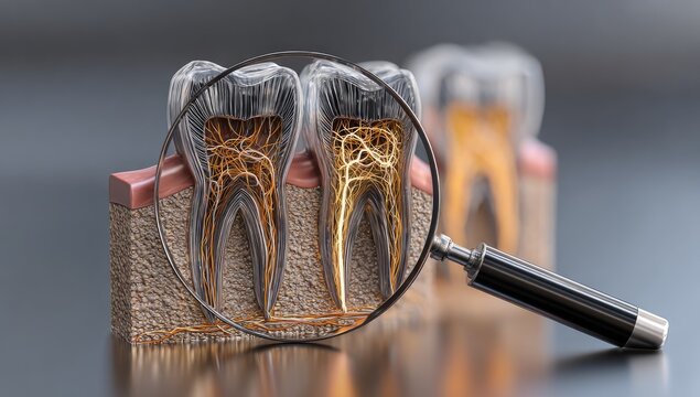 A detailed anatomical illustration of human teeth under magnification, highlighting the intricate root structure and dental composition.