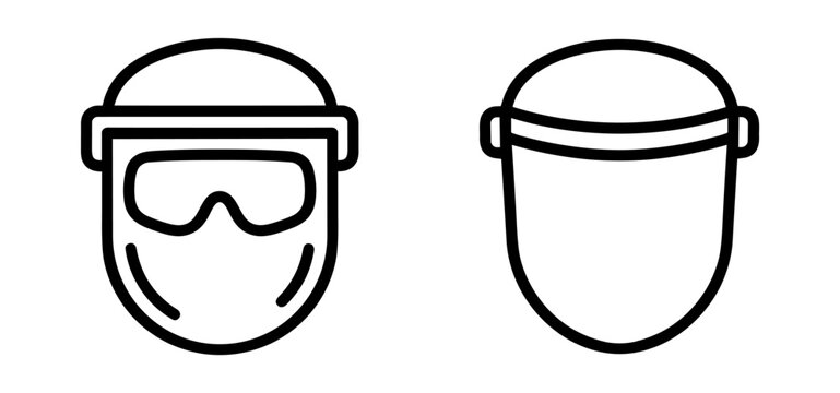 line icons of protective face shields with visor and without visor on transparent background