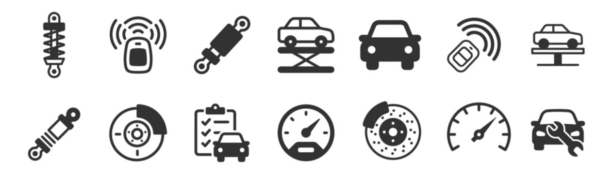 car repair and maintenance icon set with suspension, remote control, lift, speedometer, brake disc and checklist on transparent background