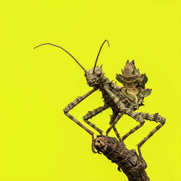 Macro photograph of a spiny leaf insect on a dry twig. Close-up of a camouflaged giant prickly stick insect with a spiked exoskeleton against a solid bright yellow background