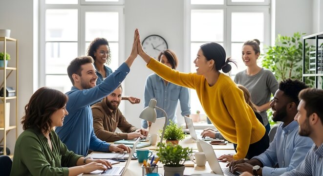 Authentic office scene with diverse colleagues celebrating success with a high-five, fostering teamwork and collaboration in a positive environment