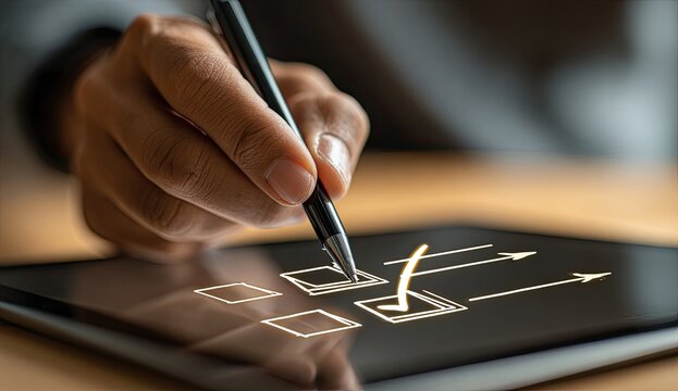 A close-up shot depicts a hand holding a stylus, interacting with a digital tablet displaying a flowchart with a checked box, symbolizing progress and task completion.