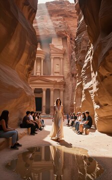 A model walks gracefully through the Siq, the narrow gorge leading to Petra, Jordan, bathed in golden sunlight.