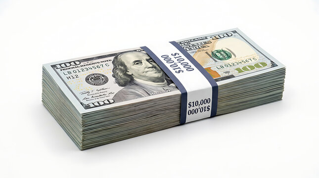 A stack of neatly arranged hundred dollar bills bound together.