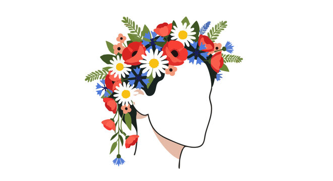 Abstract female profile with midsummer flower crown in vibrant red, white, blue, and green on white background