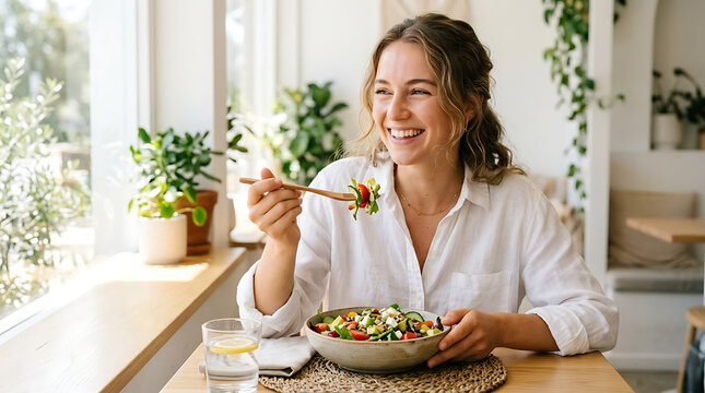 Woman eating healthy salad with chopsticks by the window in a bright room