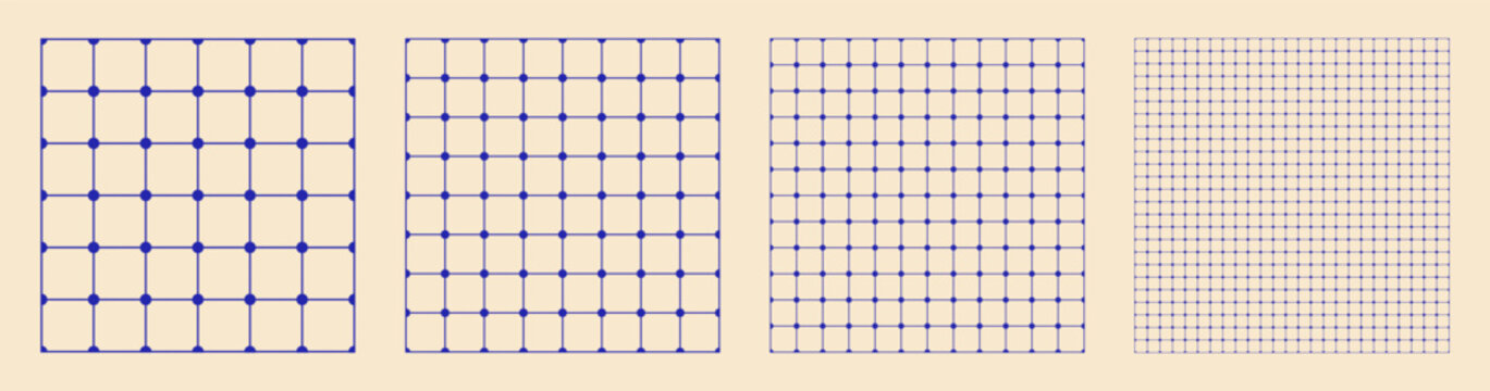 Square grid collection node circle geometry, four samples blueprint style. Round junction lattice structure, interface layouts editorial compositions planning sheets dashboards digital technology.