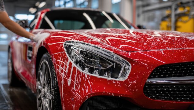 A vibrant red sports car is being meticulously washed with foam, highlighting its sleek design and luxurious details in a professional automotive detailing setting.