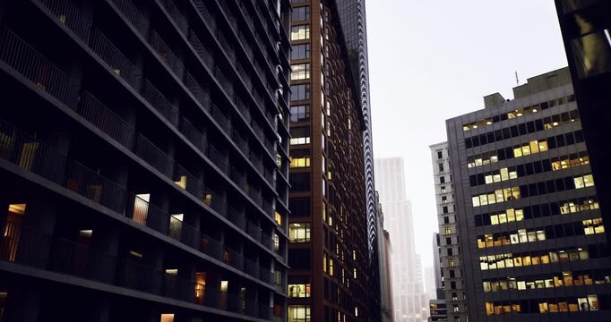 evenfall corporate corridor of interconnected towers with warm interior lights, operations manager overseeing late shift and skyline beyond
