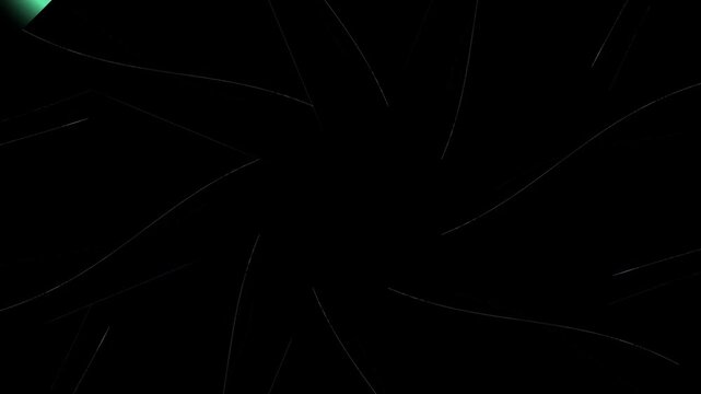 Abstract dark background with faint, curved lines radiating from the center, resembling an iris or aperture, with a small green light in the corner.