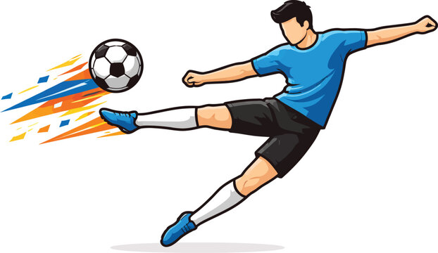 Dynamic soccer player kicking ball vector, athletic football striker in blue jersey, powerful sports action graphic