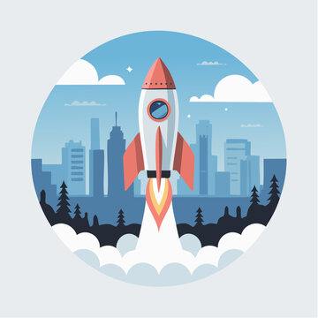 Colorful illustration of rocket launching into sky with cityscape back