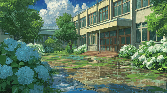 雨の降る校庭に広がる水面と校舎の風景を描いたイラスト、しっとりとした空気と静寂な時間の流れが魅力で日常の学校生活や季節感を演出、通学や青春をテーマにした映像や広告に使える高品質背景素材