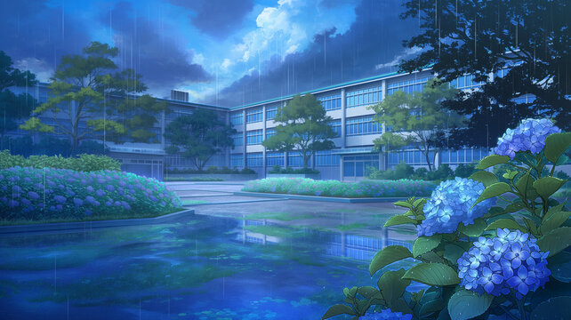 雨の降る校庭に広がる水面と校舎の風景を描いたイラスト、しっとりとした空気と静寂な時間の流れが魅力で日常の学校生活や季節感を演出、通学や青春をテーマにした映像や広告に使える高品質背景素材