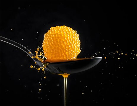 Esfera de gastronom&iacute;a molecular de mango con salpicadura sobre cuchara negra