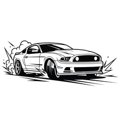 Fototapeta premium Dynamic mustang car vector illustration speeding forward with tire smoke trails and bold line art style design