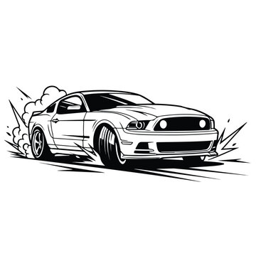 Dynamic mustang car vector illustration speeding forward with tire smoke trails and bold line art style design
