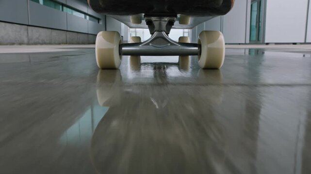 Skateboard trucks and wheels roll across polished concrete with water reflections and urban rhythm