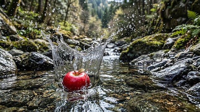 Apel Merah segar jatuh ke sungai bebatuan di lingkungan alam yang hijau dan sejuk untuk konsep kesehatan dan alam alami