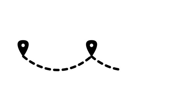 Animated dotted line path connecting three map pins, concept of multi-stop travel and route planning.