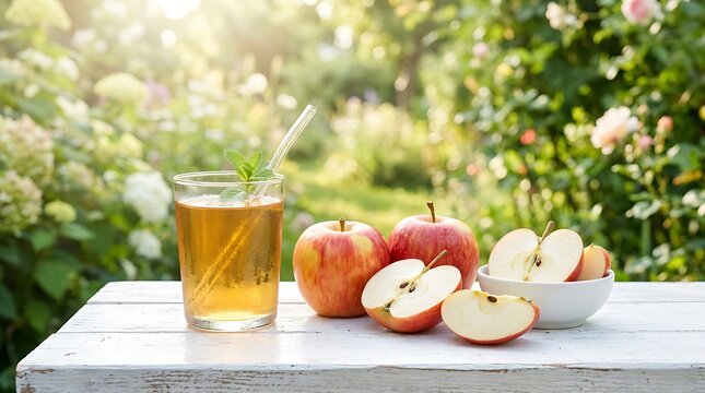 Segar dan menyehatkan, menikmati teh apel segar di taman saat pagi hari di bawah sinar matahari alami