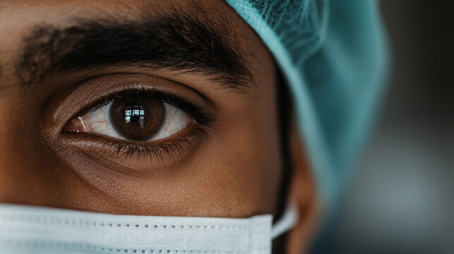 Close-up of a medical professional's eye wearing a surgical mask and cap