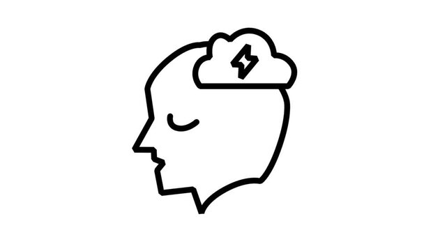 Human head profile with lightning cloud representing brainstorming session and mental stress or intense thinking.