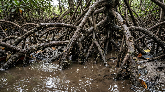 Intricate Mangrove Roots Emerging from Muddy Water in a Lush Coastal Ecosystem.