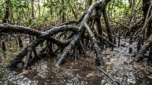 Mangrove Tree Roots Submerged in Muddy Water.