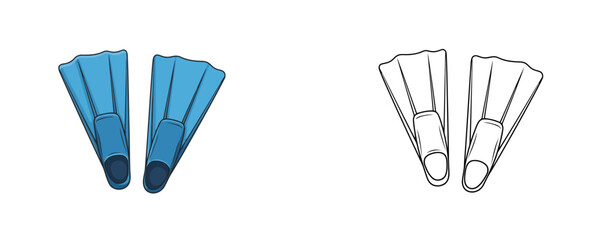 Blue diving swim fins in flat color and black line styles representing underwater swimming and summer vacation activities for sea exploration concepts on white background © Dzianis